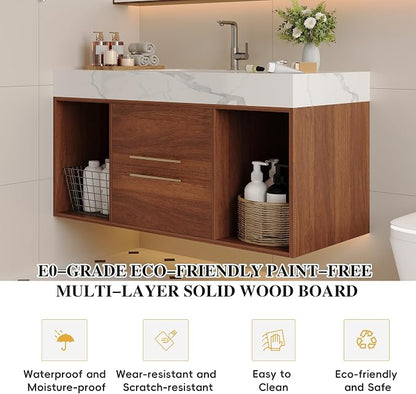 KEIKI 39.4" Bathroom Vanity with Undermount Sink Combo, Modern Floating Vanity Cabinet with 2 Drawers & Open Side Shelves, Storage Wall Mounted Cabinet for Small Space, Walnut Marbe