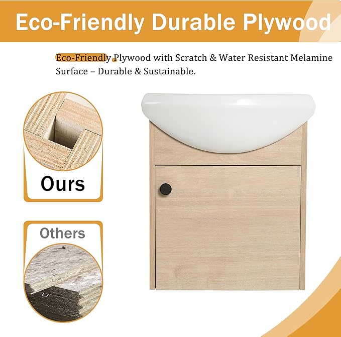 Malwee 18" Floating Bathroom Vanity with Sink, 18 Inch Wall Mounted Bathroom Cabinet Single Sink Combo, with 1 Soft Close Door and White Ceramic Basin Top for Small Space, Space-Saving Design (023-18)