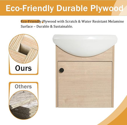 Malwee 18" Floating Bathroom Vanity with Sink, 18 Inch Wall Mounted Bathroom Cabinet Single Sink Combo, with 1 Soft Close Door and White Ceramic Basin Top for Small Space, Space-Saving Design (023-18)