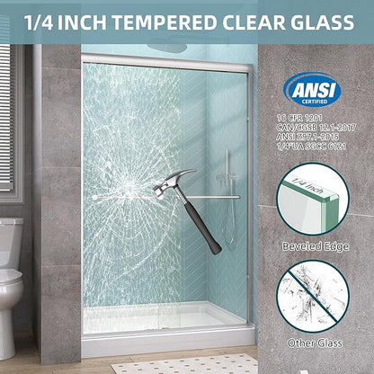 GETPRO Semi-Frameless Shower Door Double Sliding 68-72 in. W x 72 in. H Bypasss Bathroom Glass Shower Sliding Doors,1/4 inch Clear Tempered Glass Door for Walk-in Shower Brushed Nickel