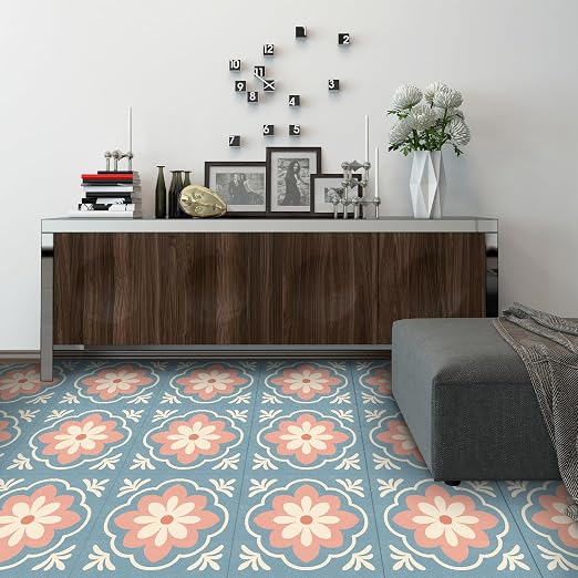 Retro Blue Pink Flower Peel and Stick Floor Tiles 12x12 Inch 10PCS | Retro blue pink cream flower tile pattern vinyl floor stickers for kitchen bathroom entryway and indoor home decor