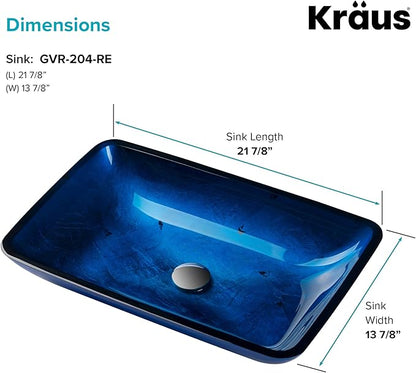 Kraus Irruption Blue Rectangular Glass Vessel Bathroom Sink with PU Chrome