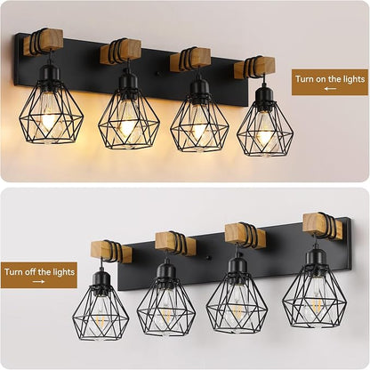 VbiTmn Bathroom Light Fixtures, 4 Light Black Farmhouse Wood Vanity Lights | Rustic Design, Diamond Metal Shades, Easy to Install, Wall Sconces for Bathroom, Bedroom, Makeup Area, Over Vanity Mirror