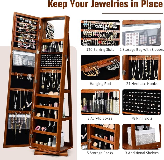 LOKO 360° Rotating Jewelry Armoire, Freestanding Jewelry Cabinet with Inside Makeup Mirror, 2-in-1 Lockable Jewelry Organizer w/Full-Length Mirror for Women (Walnut)
