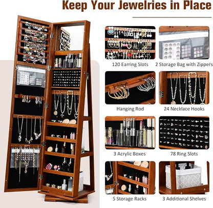 LOKO 360° Rotating Jewelry Armoire, Freestanding Jewelry Cabinet with Inside Makeup Mirror, 2-in-1 Lockable Jewelry Organizer w/Full-Length Mirror for Women (Walnut)