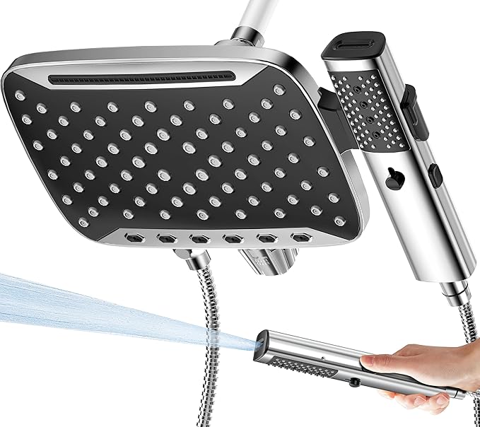 JDO High Pressure Rain Shower Head with Handheld Spray Chrome Polished | 7 Modes Dual Shower Head, 10-inch Rainfall Showerheads Combo, Detachable Hand Held Shower Wand, Power Jets, 71" Shower Hose