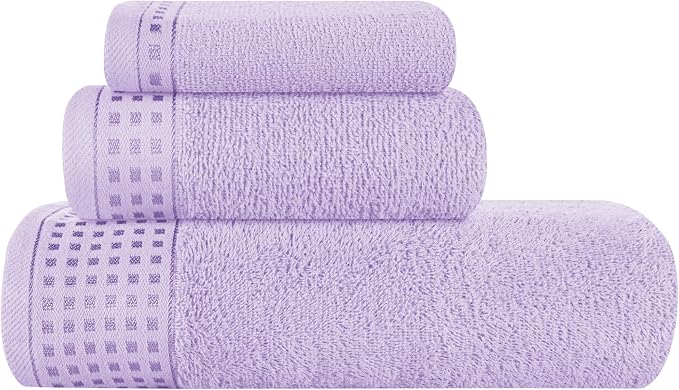 GLAMBURG Ultra Soft 3 Pack Cotton Towel Set, Contains a Bath Towel 28x55 inch, a Hand Towel 16x24 inch & a Wash Coth 12x12 inch, Ideal Everyday use, Compact & Lightweight - Purple