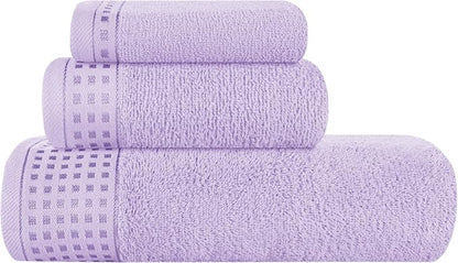 GLAMBURG Ultra Soft 3 Pack Cotton Towel Set, Contains a Bath Towel 28x55 inch, a Hand Towel 16x24 inch & a Wash Coth 12x12 inch, Ideal Everyday use, Compact & Lightweight - Purple