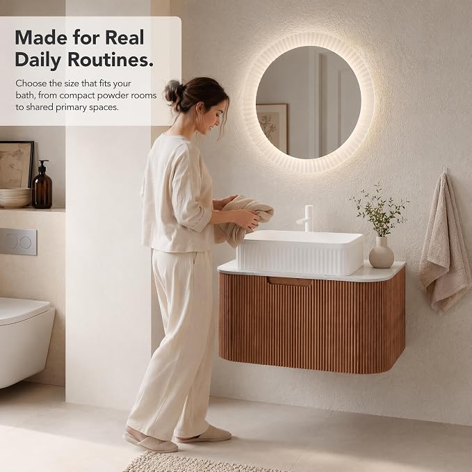 30 Inch Bathroom Vanity with Sink, Floating Wall Mounted Single Sink Vanity, Natural Woodgrain Curved Fluted Front, Stone Top, White Textured Rectangular Vessel Basin, Pre-Assembled