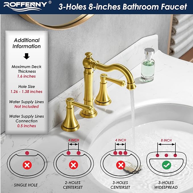 Brushed Gold Faucet Bathroom 8 inch Widespread for 3 Holes with Plastic Pop-Up Drain, Classical 2-Handle Gold Bathroom Vanity Sink Faucets, High Arc 360° Brass Swivel Spout