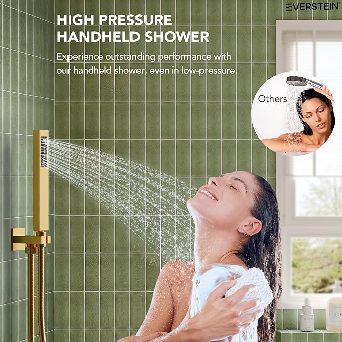 Shower Tub Faucet Set, 10" Bathroom Rainfall Shower Head Fixtures Combo with Handheld Spray and Tub Spout, Brushed Gold (Valve Included)