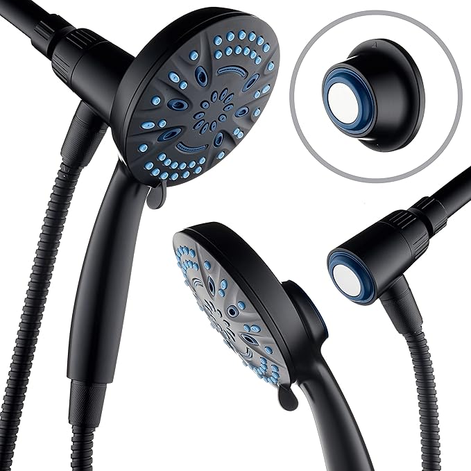 AquaCare Magneton 8-Mode High Pressure Handheld Shower Head with 2 Brackets | Space-age Magnetic Guidance Docking, Giant 5-inch Face with Hygienic Jets, Extra-long 6 ft. Stainless Steel Hose / Black