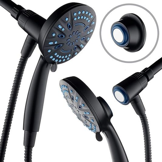 AquaCare Magneton 8-Mode High Pressure Handheld Shower Head with 2 Brackets | Space-age Magnetic Guidance Docking, Giant 5-inch Face with Hygienic Jets, Extra-long 6 ft. Stainless Steel Hose / Black