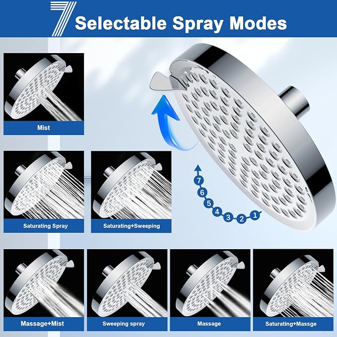 High Pressure Shower Head 7-Setting 6" Fixed Rain for Low Flow | 360° adjustable ball joint, ABS lightweight, low water pressure, easy install without tools, ideal for dorm/apartment/renter