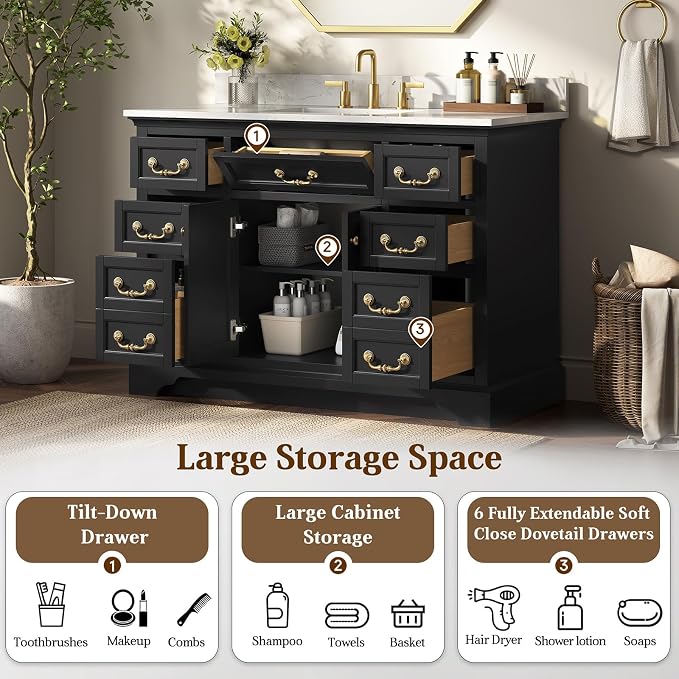 48 Inch Classic Black Bathroom Vanity with Sink, Solid Wood | Pre Assembled, Freestanding Storage Cabinet, Single Ceramic Sink, Engineered Stone Top, Soft Closing Doors, Dovetail Drawers