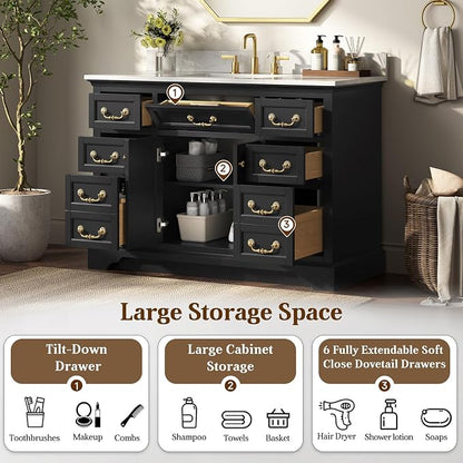 48 Inch Classic Black Bathroom Vanity with Sink, Solid Wood | Pre Assembled, Freestanding Storage Cabinet, Single Ceramic Sink, Engineered Stone Top, Soft Closing Doors, Dovetail Drawers