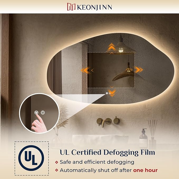 Keonjinn Irregular LED Mirror for Bathroom 55 x 30 Inch, Tempered Glass | Asymmetrical Backlit Bathroom Mirror, Stepless Dimmable with 3 Colors, Fast Defogging, Memory Function, Plug-in/Hardwired