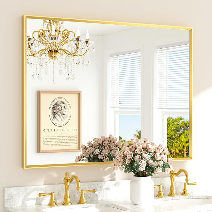 Brushed Brass Bathroom Mirror for Over Sink 48" x 36" Large Gold Beveled Framed Rectangular Vanity Mirror for Bathroom, Bedroom, Entryway, Living Room, Tempered Glass, Stronger Frame