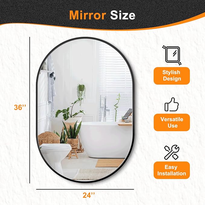 36x24 Black Oval Bathroom Mirror for Over Sink, Aluminum Frame | HD Reflection No Distortion, Aluminum Frame, Mounting Hardware for Vertical or Horizontal Mount
