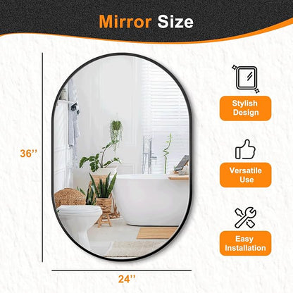 36x24 Black Oval Bathroom Mirror for Over Sink, Aluminum Frame | HD Reflection No Distortion, Aluminum Frame, Mounting Hardware for Vertical or Horizontal Mount