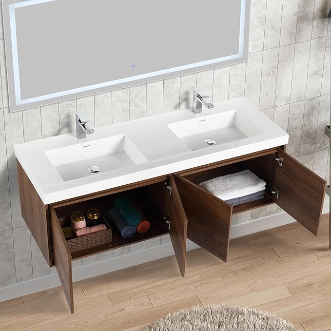 Blossom 60 Inch Floating Vanity Double Sink for Master Bath | Luxury Wall Mounted Bathroom Cabinet with Integrated Sinks | Professional-Grade Plywood & Pre-Assembled Design | Modern Walnut Finish