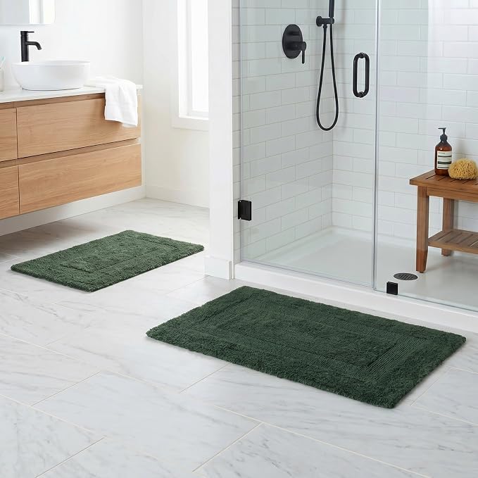 Bathroom Rugs - 2-Piece Cotton Bathroom Mat Set - Machine Washable Bath Mats for Bathroom, Kitchen, or Laundry Room by Lavish Home (Green)