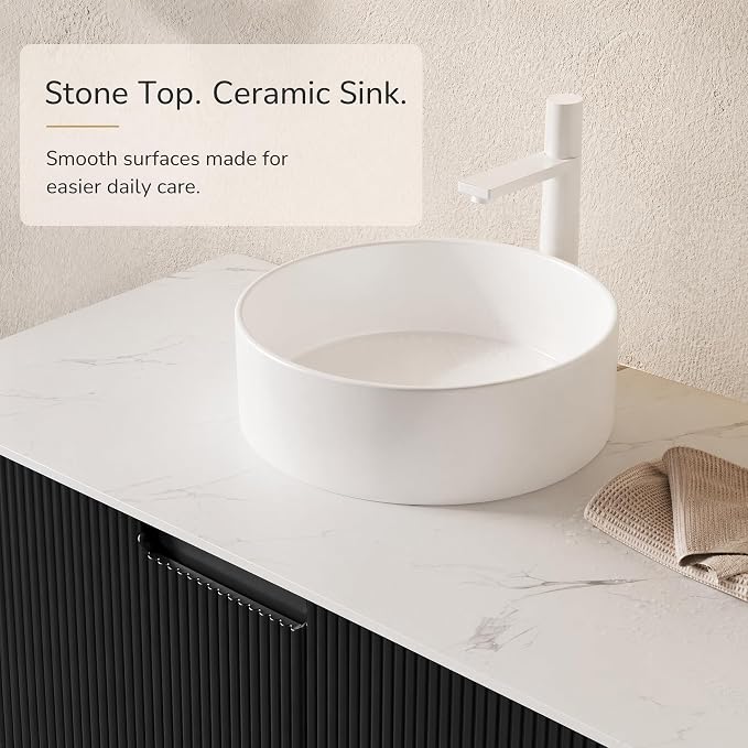 60 Inch Double Sink Bathroom Vanity, Floating Wall Mounted Cabinet, Black Curved Fluted Front, Stone Top, Dual Pure White Round Vessel Basins, Pre-Assembled