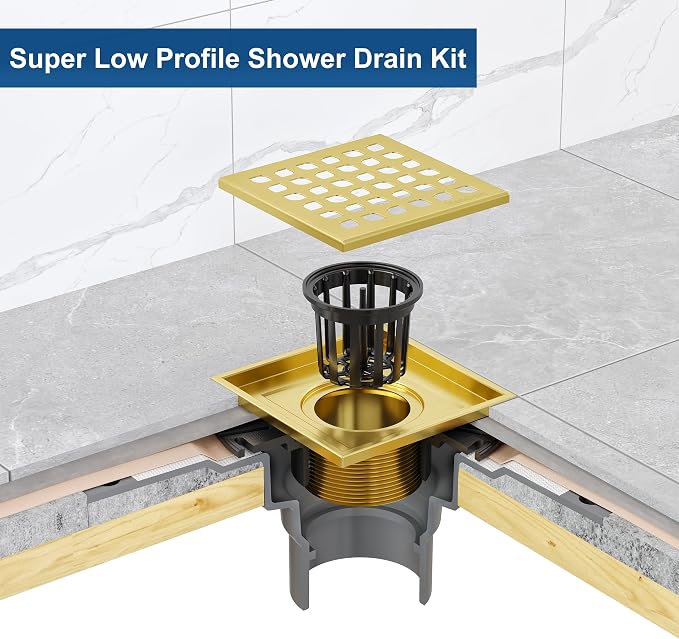 Neodrain 4" Gold Square Shower Drain, with Removable Grate/Drain Key | 304 Stainless Steel Floor Drain , PVC Bonding Flange Base with Anti-Wicking Fabric, For Low Profile Shower Pan