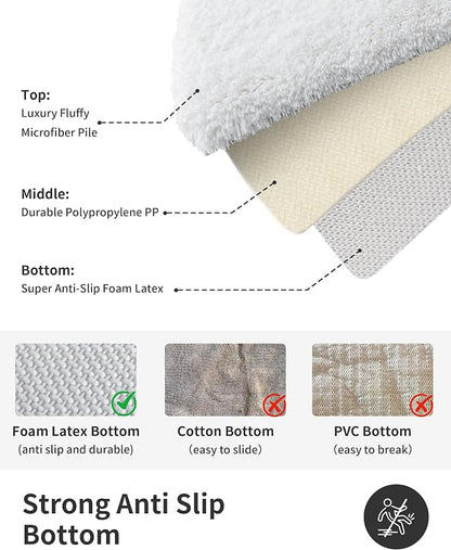 ILANGO White Bathroom Rugs 24" × 17" Non Slip & Super Absorbent Extra Thick Soft, Washable Bath Mat for Floor, Non Shedding Microfiber Plush Shaggy Bath Rug for Bathtub Shower Room Sink