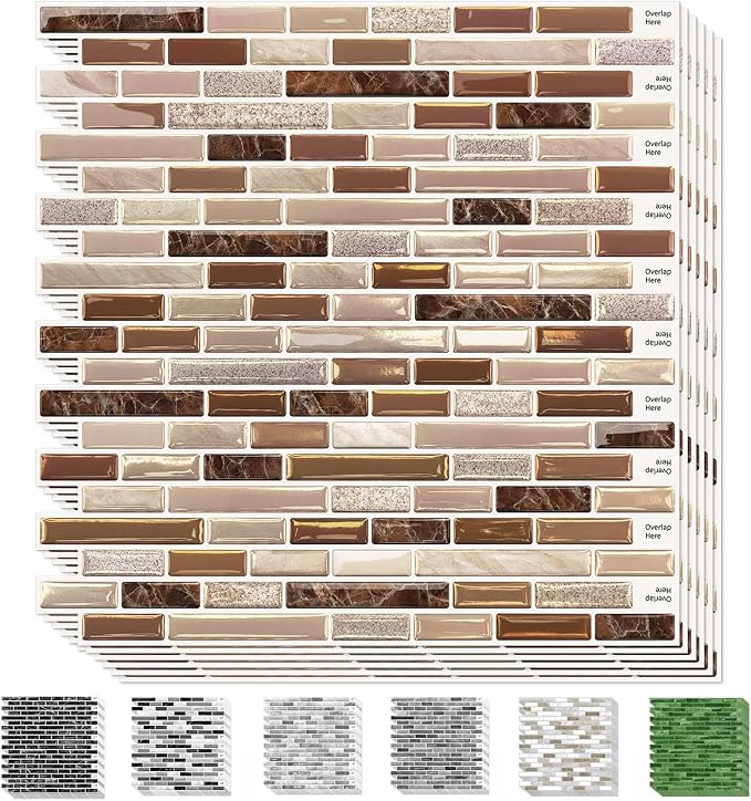 URCOLOR 10-Sheet Kitchen Backsplash Tiles Peel and Stick, 12”×12” Self Adhesive Wall Tile Sticker for Bathroom,Sandstone Brown
