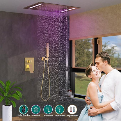 LED Spa Shower System Rainfall Waterfall with Handheld, Brushed Gold | 20x14-Inch Luxury 2 Modes Showerhead with Ligh t Remote Control, 3 Way Mixer Valve