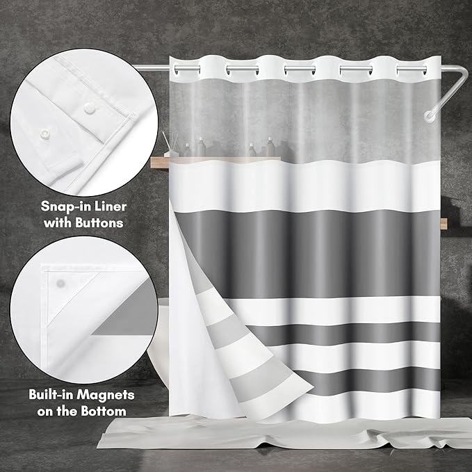 Americanflat 72x75 Hookless Shower Curtain - Water-Resistant Striped Shower Curtain with Sheer Panel, Snap-in Liner, and Durable Grommets - 100% Polyester - Grey and White