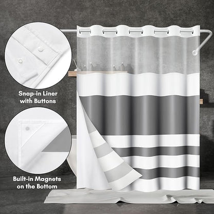 Americanflat 72x75 Hookless Shower Curtain - Water-Resistant Striped Shower Curtain with Sheer Panel, Snap-in Liner, and Durable Grommets - 100% Polyester - Grey and White