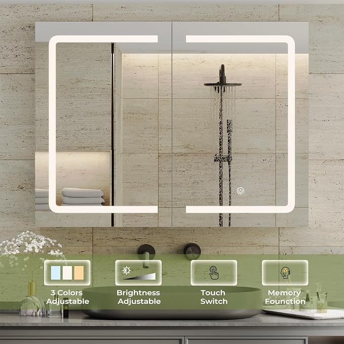 DICTAC Medicine Cabinet with Mirrors and Storage 31.5''x23.6'' Wall Mounted Bathroom Mirror Cabinets with Led Lights Double Doors Mirror Lighted Medicine Cabinets with Adjustable Storage Shelf,White