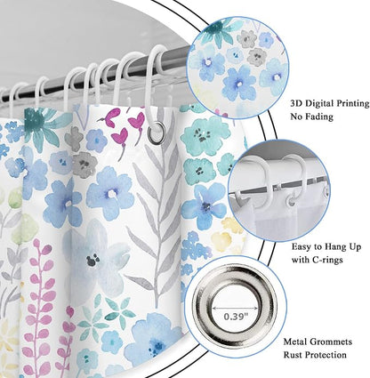 Blue Floral Girls Kids Boho Cute Wildflower Art Bathroom Shower Curtain Set | 60"W x 72"H Watercolor Leaves; waterproof HD print, quick-dry fabric with 12 hooks for easy hanging.