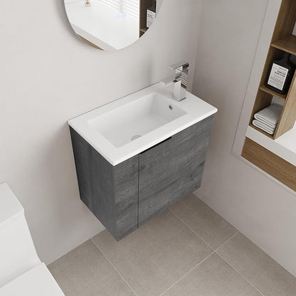 22 Inch Bathroom Vanity with Sink, 22" Wall Mounted Vanity Sink Combo for Small Space, Modern Bathroom Cabinet Set with Ceramic Basin Sink Top and Soft-Closing Door, Plaid Grey Oak