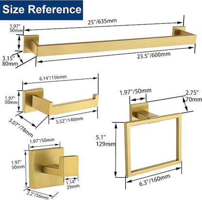 5 Pieces Bathroom Hardware Accessories Set Brushed Gold, 16Inch Bathroom Towel Rack Set SUS304 Stainless Steel, Square Bath Towel bar Set Heavy Duty, Wall Mounted