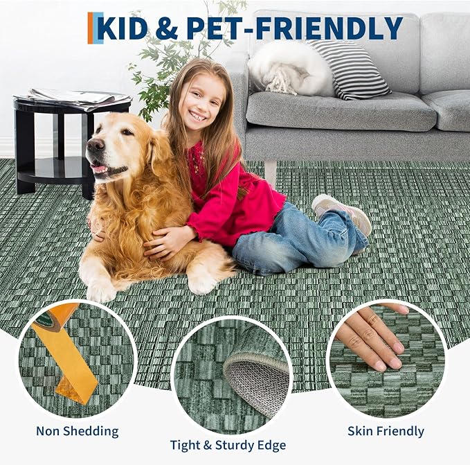 Washable Rugs 8 x 10 Rug for Living Room Modern Green Bedroom Rug Checkered Farmhouse Plaid Large Area Rug Non Slip Throw Rugs Soft Low Pile Stain Resistant Carpet for Nursery 8'x10' Green