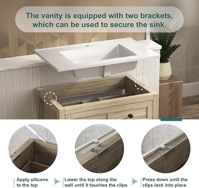 30 Inch Bathroom Vanity with Sink, Farmhouse Storage Cabinet with Drawers & Open Storage Shelf, Easy Assembly, Adjustable Feet, Oak