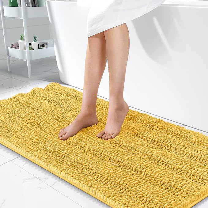 OLANLY Thick Bathroom Runner Rugs 44x24, Soft Chenille Bath Rugs, Yellow | Absorbent Striped, Rubber Backing, Machine Wash, Long Bath Mats for Bathroom Floor, Tub and Shower, Home Decor Accessories