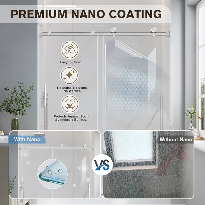 49-54" W x 76" H Frameless Sliding Shower Doors Brushed Nickel | 1/4''(6mm) Tempered Glass,Explosion Proof Film,Nano Coating,Stainless Steel Hardware,Easy to Clean,Customizable Width