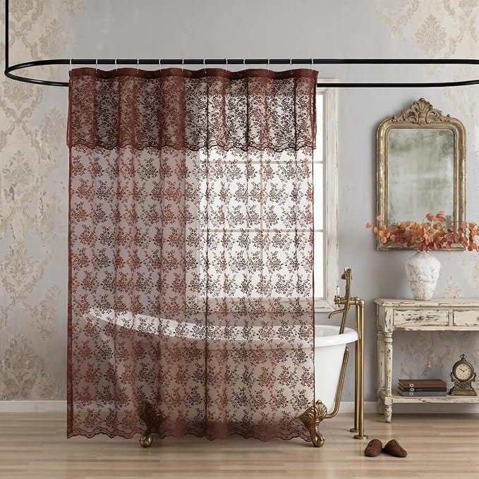 Chocolate Brown Shower Curtain, 72x84, Vintage Lace with Attached Valance | Brown Lace Shower Curtain with Scalloped Floral Trim, Vintage, Rustic Farmhouse Tall Bathrooms with High Rods