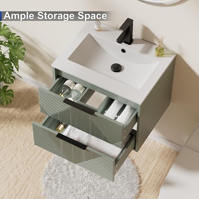 LUCKWIND 24" Floating Bathroom Vanity with Sink Combo, Wall Mounted Floating Cabinet with 2 Large Soft-Close Drawers & Water Saving Faucet, Geometric Textured Design in Green