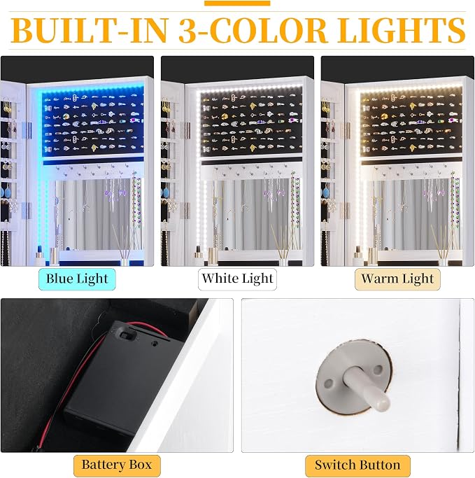 47.2" LED Jewelry Mirror Cabinet, Wall/Door Mounted Jewelry Armoire Organizer with Full Length Mirror, Large Storage Hanging Cabinet, 4 Drawers, 5 Shelves, Built-in Lighted Mirror (White)