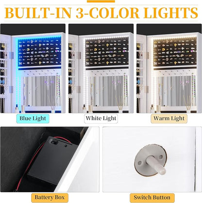 47.2" LED Jewelry Mirror Cabinet, Wall/Door Mounted Jewelry Armoire Organizer with Full Length Mirror, Large Storage Hanging Cabinet, 4 Drawers, 5 Shelves, Built-in Lighted Mirror (White)