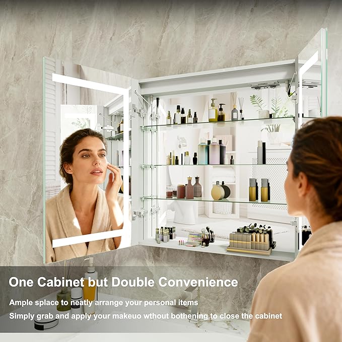 30x32 Bathroom Mirror LED Medicine Cabinet with Light 3 Colors, Recessed Surface Wall Mounted LED Medicine Cabinet, Anti-Fog Tempered LED Mirror with Storage, Stepless Dimming, 2 Outlets