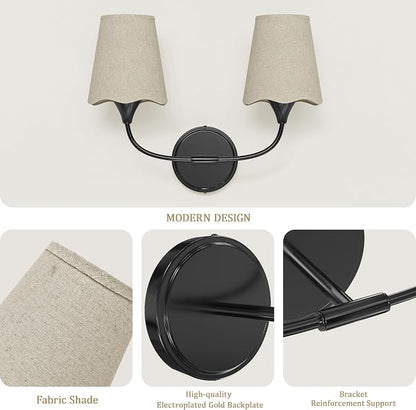 Morauroral Bathroom Light Fixtures Over Mirror, 2 Light Vanity Light for Bathroom, Black Vanity Light Fixtures with Fabric Linen Shade, E26 Socket Sconce Wall Decor(ETL Listed)