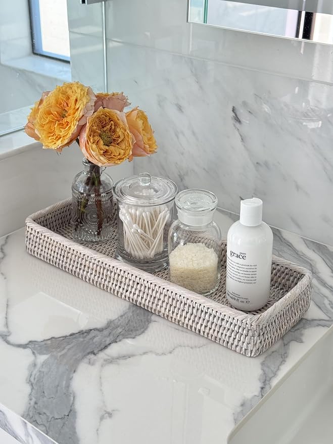 KOUBOO Rattan Vanity Tray Perfume Makeup Bathroom Organizer White Wash | Handwoven natural texture, slim rectangular profile, lightweight design, keeps countertop essentials neatly arranged