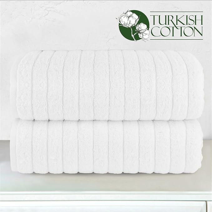 Elegant Comfort 100% Turkish Cotton Corduroy Ribbed Luxury Soft 2 Pack Bath Towels 27 x 54 Inch - Ultra Plush, Absorbent, Quick Dry, Hotel Spa Quality Towels for Bathroom Essentials, White