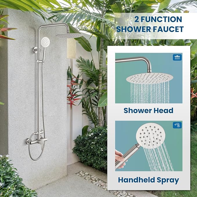 gotonovo Outdoor Shower 304 Stainless Steel, Brushed Nickel, Single Handle | Rain 8 Inch Outdoor Shower Head with Handheld Kit Fixtures System Faucet Set with Valve Wall Mount for Seaside Backyard Pool